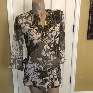 Chicos 3/4 Sleeve Beaded Boho Top w Adj Waist